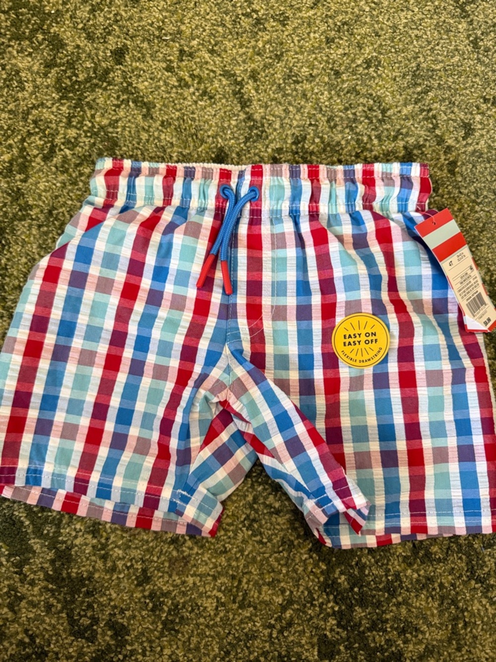 Cat & Jack White Lined Boys Swim Trunks with Plaid Accent